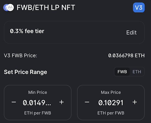 Example of a price range on the FWB/ETH liquidity pool.